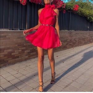 FUSCHIA / HOT PINK Sleeveless High-Neck Mini Dress with Bow